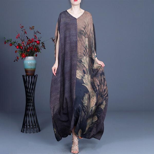 Gray Contrast Printed Chinese Dress Silk Plus Size Caftan