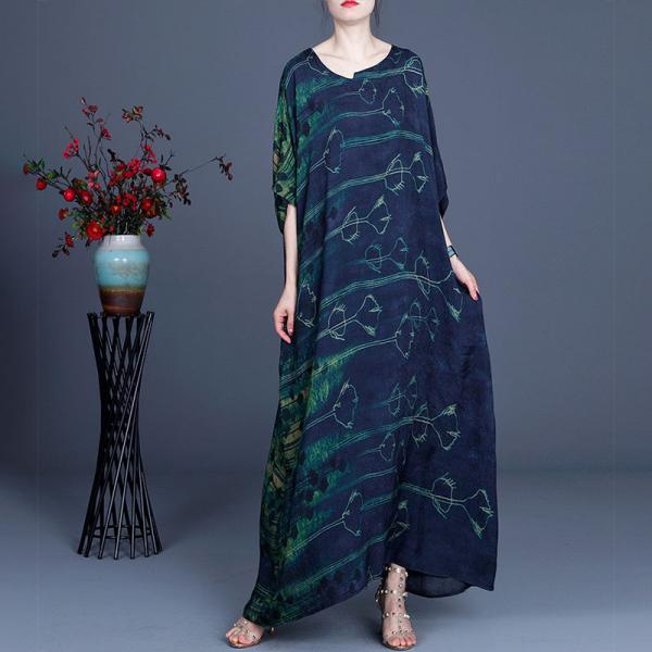 Green Patterns Short Sleeve Summer Dress Silk Vintage Maxi Dress