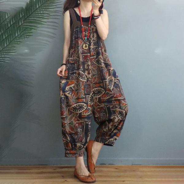 Senior Women Ethnic Overalls Balloon Legs Cotton Linen Overalls