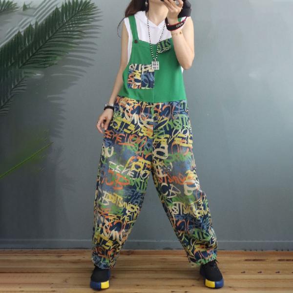 Colorful Graffiti Prints Green Overalls Smile Face Denim Bib Overalls