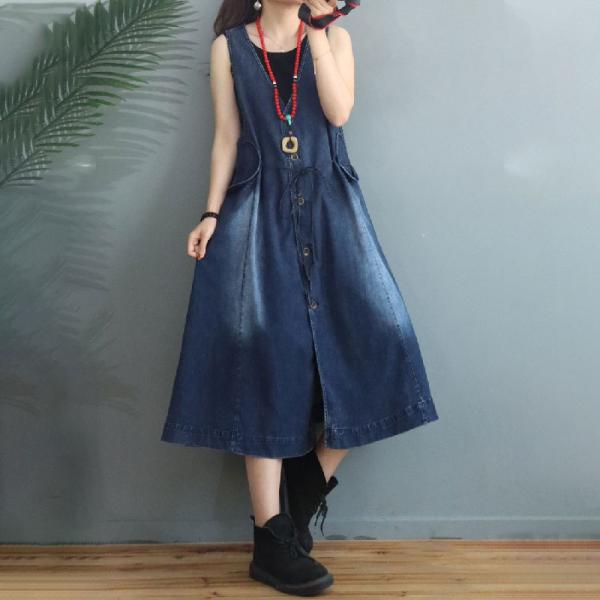 V-Neck Stone Wash Denim Dress Sleeveless Belted Long Vest Coat