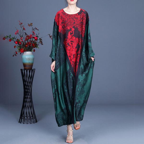 Red Printed Plus Size Caftan Blackish Green Silk Church Dress