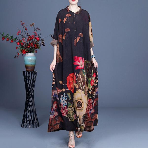 Dense Flowers Black Loose Dress Senior Women Chinese Dress