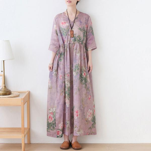 V-Neck Lace Up Summer Dress Printed Loose Resort Wear