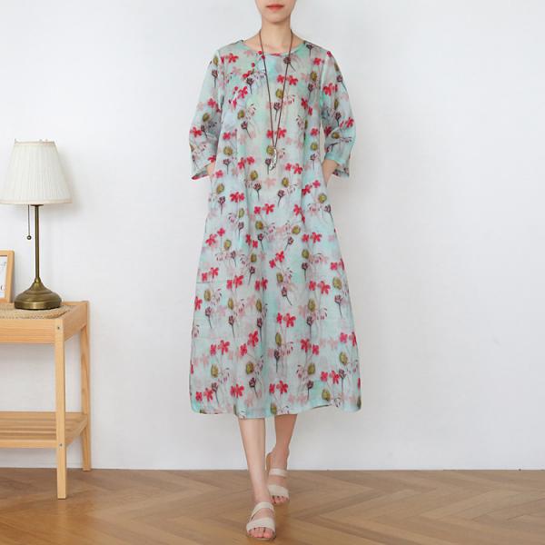 Red Printed Loose Chinese Cheongsam Ramie Midi Dress