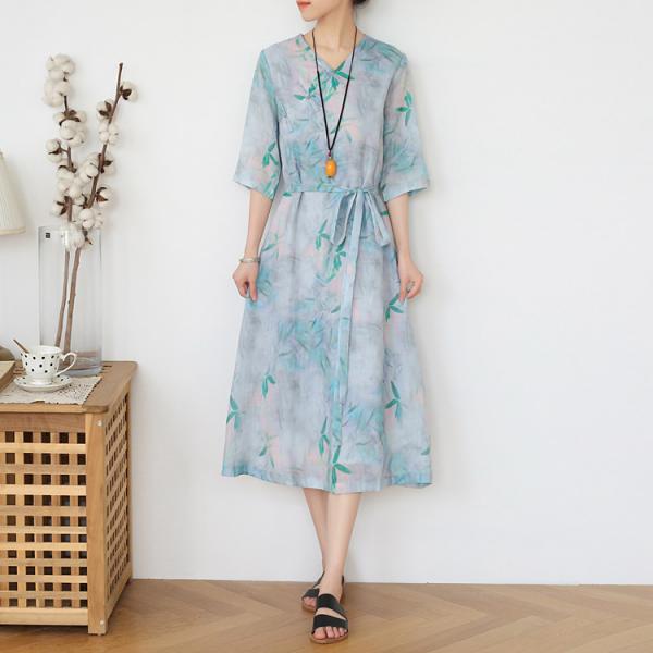 Bamboo Prints Chinese Buttons Summer Dress Ramie Midi Cheongsam