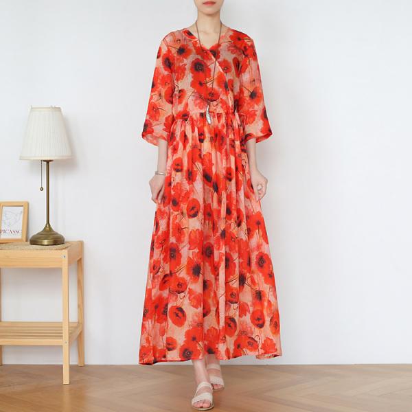 Beach Style Tied Red Dress Empire Waist Printed Boho Maxi Dress