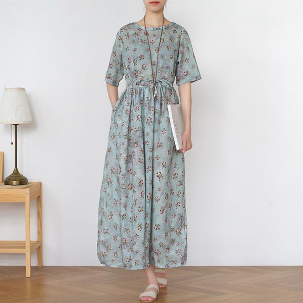 Empire Waist Loose Floral Dress Tied Summer Flax Clothing