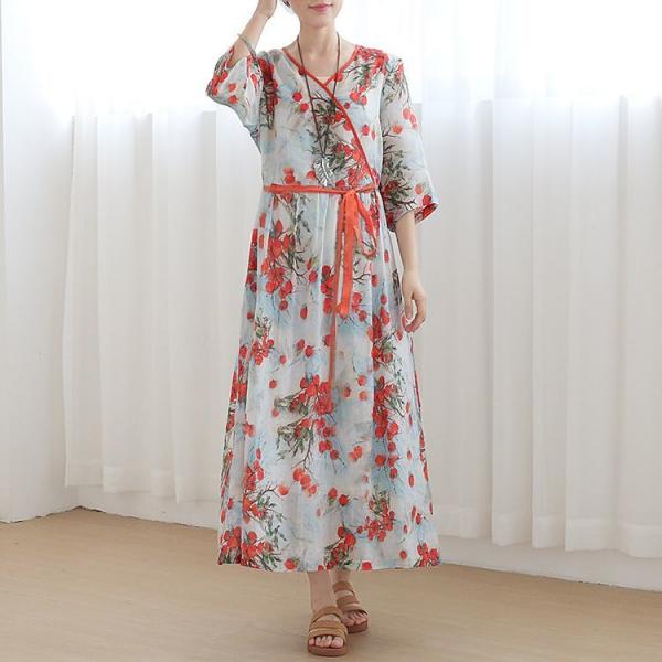 Red Floral Tied Up Kimono Dress Flax Chinese Beach Dress