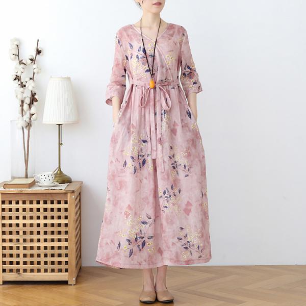 High-Waist Blue Prints Midi Wrap Dress Ramie Comfy Bohemian Pink Dress