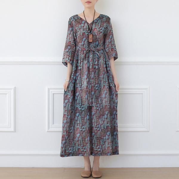 Boho Style Leaf Patterns Summer Dress Belted Loose Flax Clothing