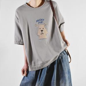 Half Sleeve Cartoon Dog Tee Cotton BF Oversized T-shirt