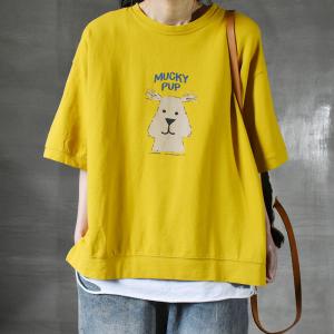 Half Sleeve Cartoon Dog Tee Cotton BF Oversized T-shirt