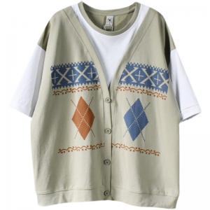 Letter and Rhombus Pattern Layer T-shirt Cotton Designer Tshirt