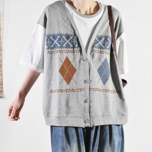 Letter and Rhombus Pattern Layer T-shirt Cotton Designer Tshirt