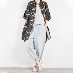 Casual-Business Printed Midi Shirt Camo Oversized Shacket