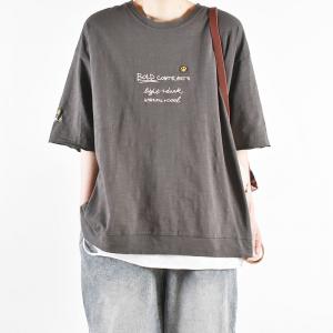 Letter Embroidery Plus Size Tshirt Plain Cotton T-shirt