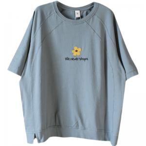 Flowers and Letter Embroidered T-shirt Large Cotton Pullover Tee