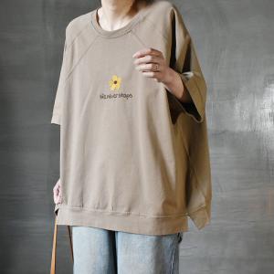 Flowers and Letter Embroidered T-shirt Large Cotton Pullover Tee