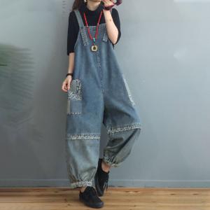 Patchwork Pockets Denim Fluffy Overalls Light Wash Dungarees