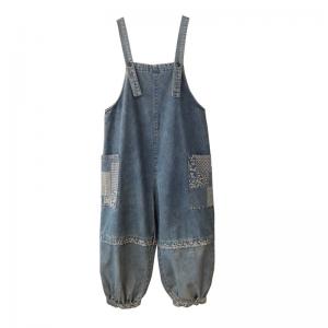 Patchwork Pockets Denim Fluffy Overalls Light Wash Dungarees