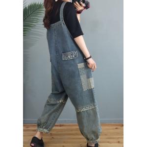 Patchwork Pockets Denim Fluffy Overalls Light Wash Dungarees