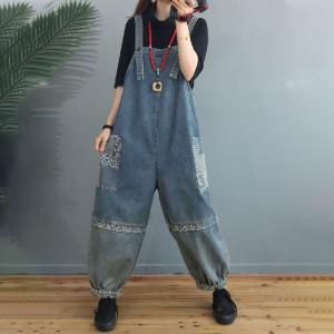 Patchwork Pockets Denim Fluffy Overalls Light Wash Dungarees