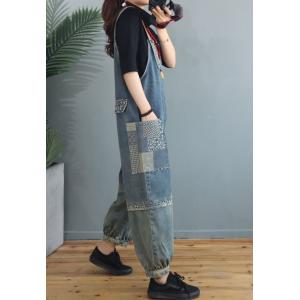 Patchwork Pockets Denim Fluffy Overalls Light Wash Dungarees