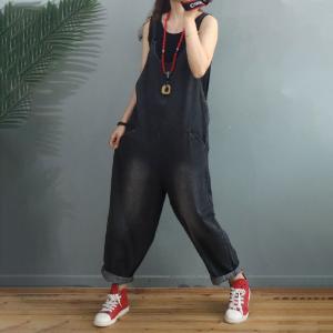 U-Neck Stone Wash Overalls Baggy-Fit Dungarees Overalls