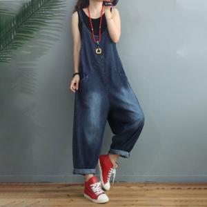 U-Neck Stone Wash Overalls Baggy-Fit Dungarees Overalls