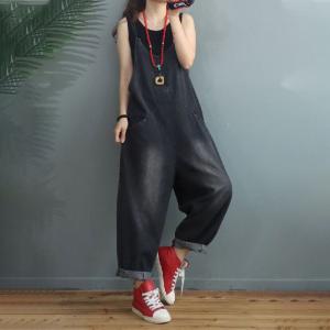 U-Neck Stone Wash Overalls Baggy-Fit Dungarees Overalls