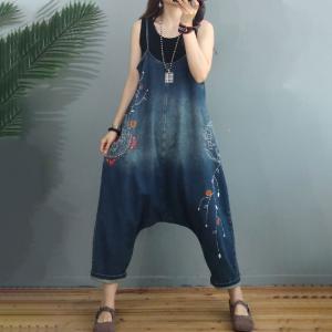 Ethnic Embroidery Harem Overalls Color Fading Blue Overalls