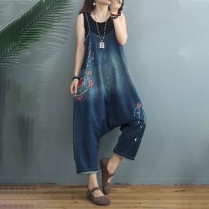 Ethnic Embroidery Harem Overalls Color Fading Blue Overalls
