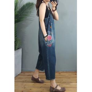 Ethnic Embroidery Harem Overalls Color Fading Blue Overalls