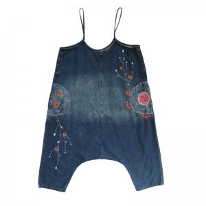 Ethnic Embroidery Harem Overalls Color Fading Blue Overalls