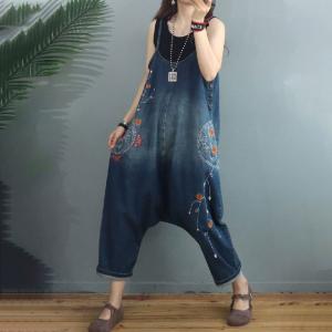 Ethnic Embroidery Harem Overalls Color Fading Blue Overalls