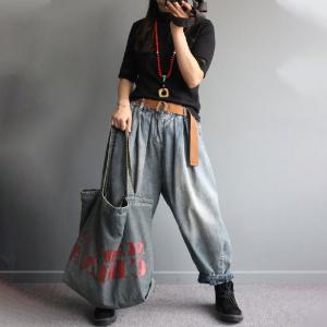 Letter Printed Denim Tote Bag Korean Vintage Shoulder Bag