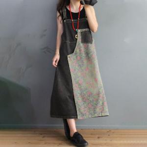 Floral Printed Denim Overall Dress Loose Midi Jean Dress