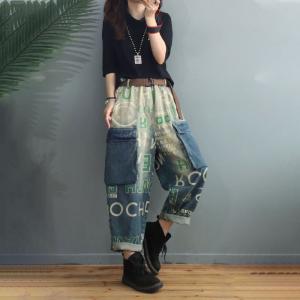 Street-Chic Letter Dad Jeans Blue Contrast Boyfriend Jeans for Women