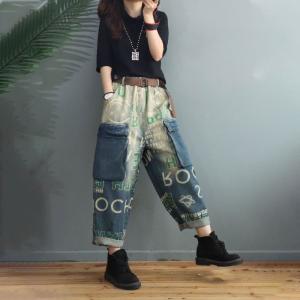 Street-Chic Letter Dad Jeans Blue Contrast Boyfriend Jeans for Women