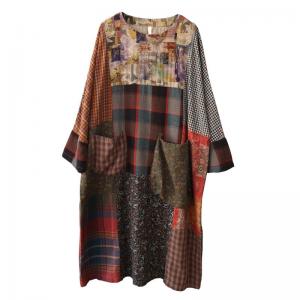 Long Sleeve Midi Folk Dress Cotton Linen Tartan Dress