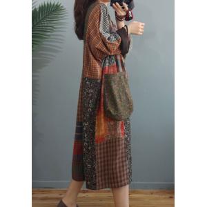 Long Sleeve Midi Folk Dress Cotton Linen Tartan Dress