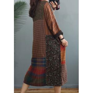 Long Sleeve Midi Folk Dress Cotton Linen Tartan Dress