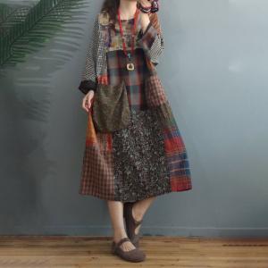 Long Sleeve Midi Folk Dress Cotton Linen Tartan Dress