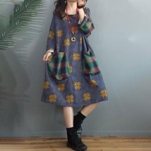 Plaid Pockets Printed Peasant Dress Plus Size Cotton Linen Dress