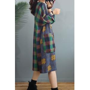 Plaid Pockets Printed Peasant Dress Plus Size Cotton Linen Dress