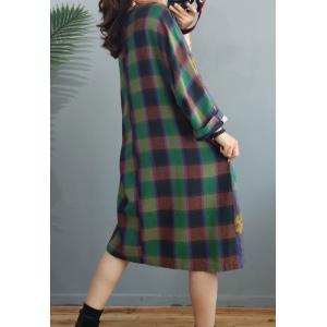 Plaid Pockets Printed Peasant Dress Plus Size Cotton Linen Dress