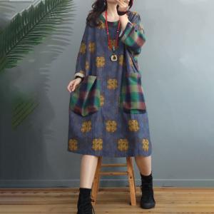 Plaid Pockets Printed Peasant Dress Plus Size Cotton Linen Dress