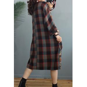 Plaid Pockets Printed Peasant Dress Plus Size Cotton Linen Dress