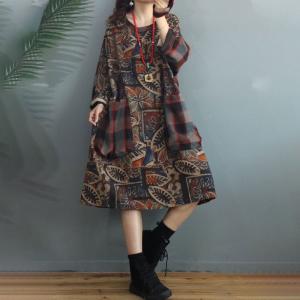 Plaid Pockets Printed Peasant Dress Plus Size Cotton Linen Dress